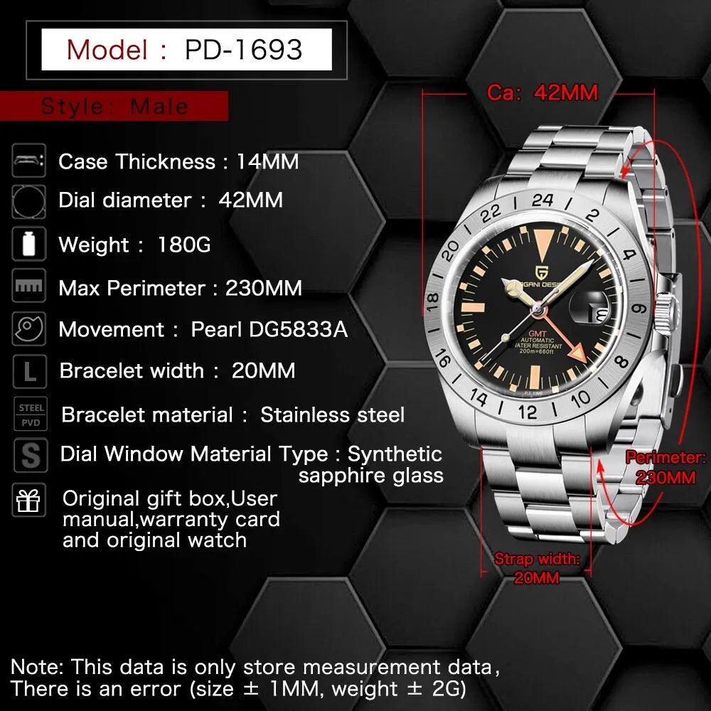 2024 New PAGANI DESIGN GMT Men Automatic Mechanical Watch Classic Retro Watch Stainless Steel 200m Waterproof - BlackDog T Shirt