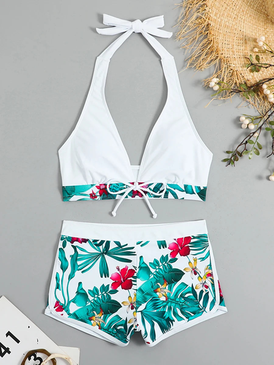 2024 Halter Bikini Set Short Swimsuit Women High Waist Swimwear Female Printed Bathers Swimming Bathing Swim Suit Beachwear