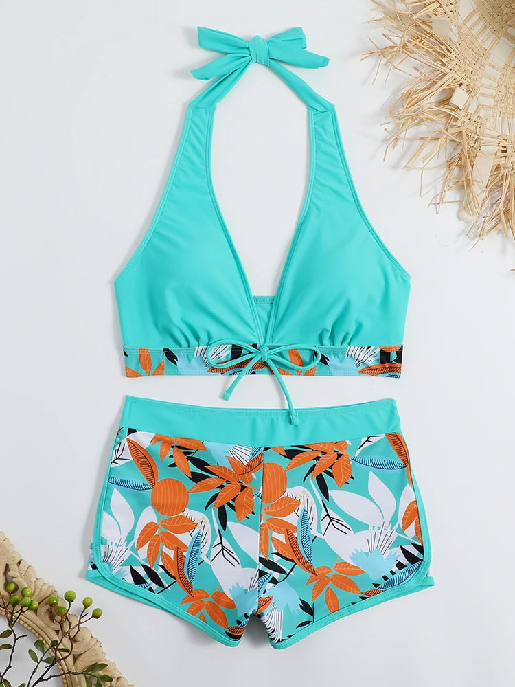 2024 Halter Bikini Set Short Swimsuit Women High Waist Swimwear Female Printed Bathers Swimming Bathing Swim Suit Beachwear