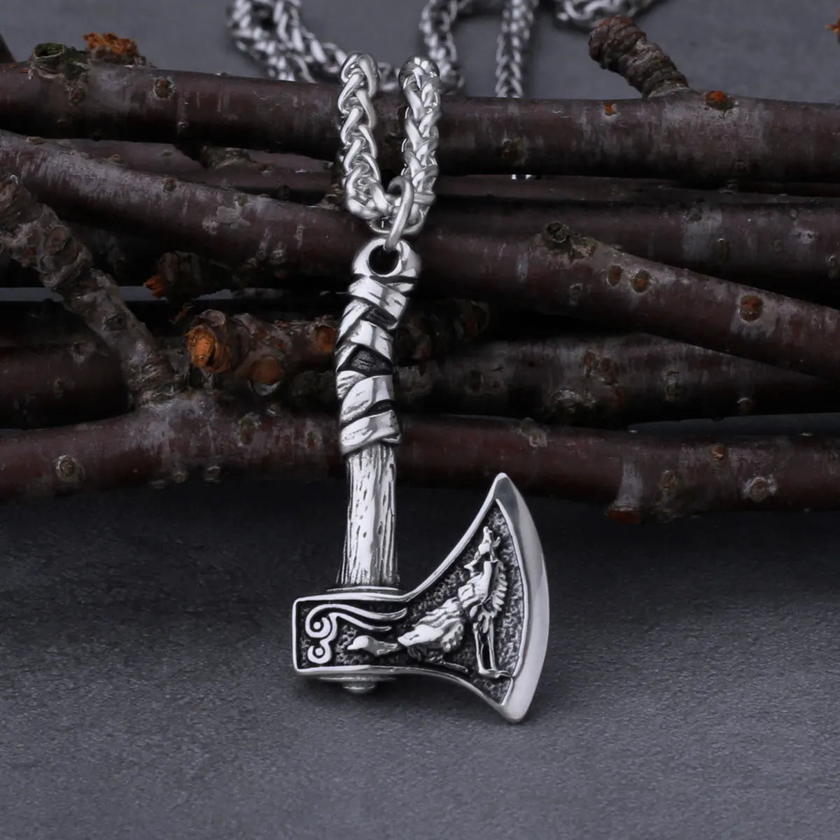Viking Wolf and Crow Axe Pendant Retro Slavic Odin Amulet Men's Fashion Charm Stainless Steel Pendant Necklace Jewelry Gift