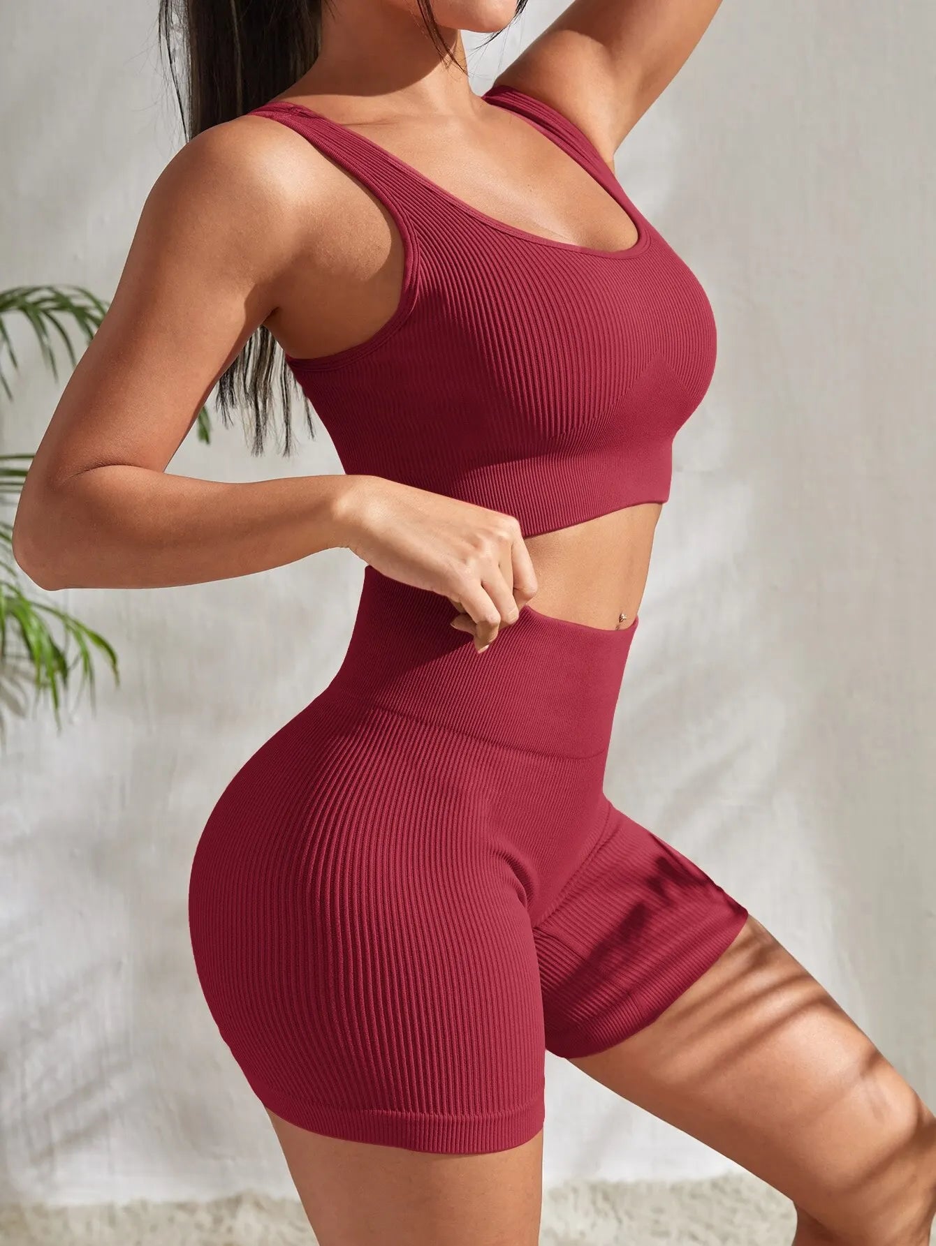 Nahtlose gerippte Yoga-Sets, Trainings-Sets für Damen, 2-teilig, Fitnessstudio-Anzüge, geripptes Crop-Tanktop, hohe Taille, Shorts, Outfits, Fitness, Laufen