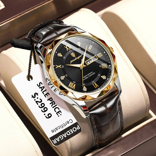 POEDAGAR Luxus Geschäftsmann Armbanduhr Wasserdicht Leuchtendes Datum Woche Herrenuhr für Männer Quarzuhr Leder Herrenuhren reloj