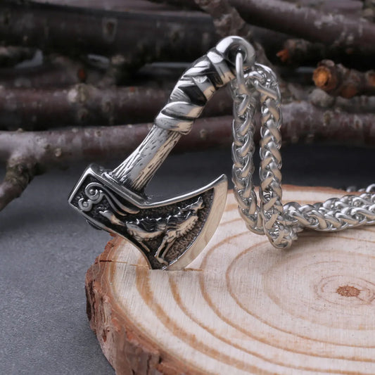 Viking Wolf and Crow Axe Pendant Retro Slavic Odin Amulet Men's Fashion Charm Stainless Steel Pendant Necklace Jewelry Gift