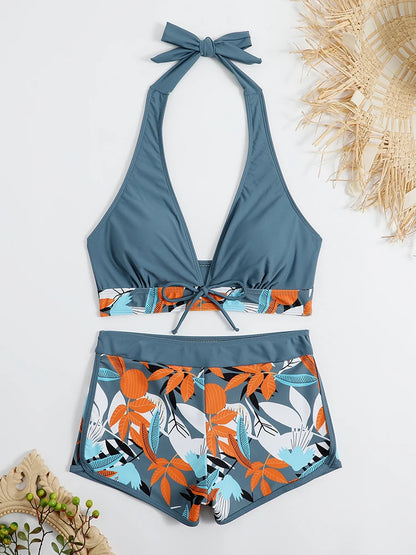2024 Halter Bikini Set Short Swimsuit Women High Waist Swimwear Female Printed Bathers Swimming Bathing Swim Suit Beachwear