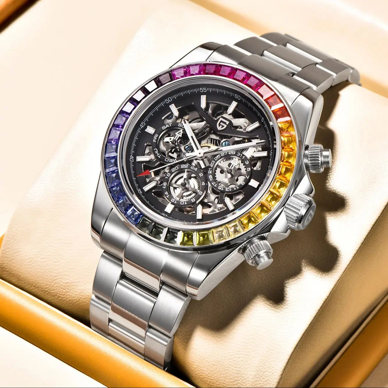 PAGANI DESIGN Neue Regenbogen Kreis Herren mechanische Uhren Luxus automatische Uhr für Männer Skelett Zifferblatt Multifunktions-Chronograph