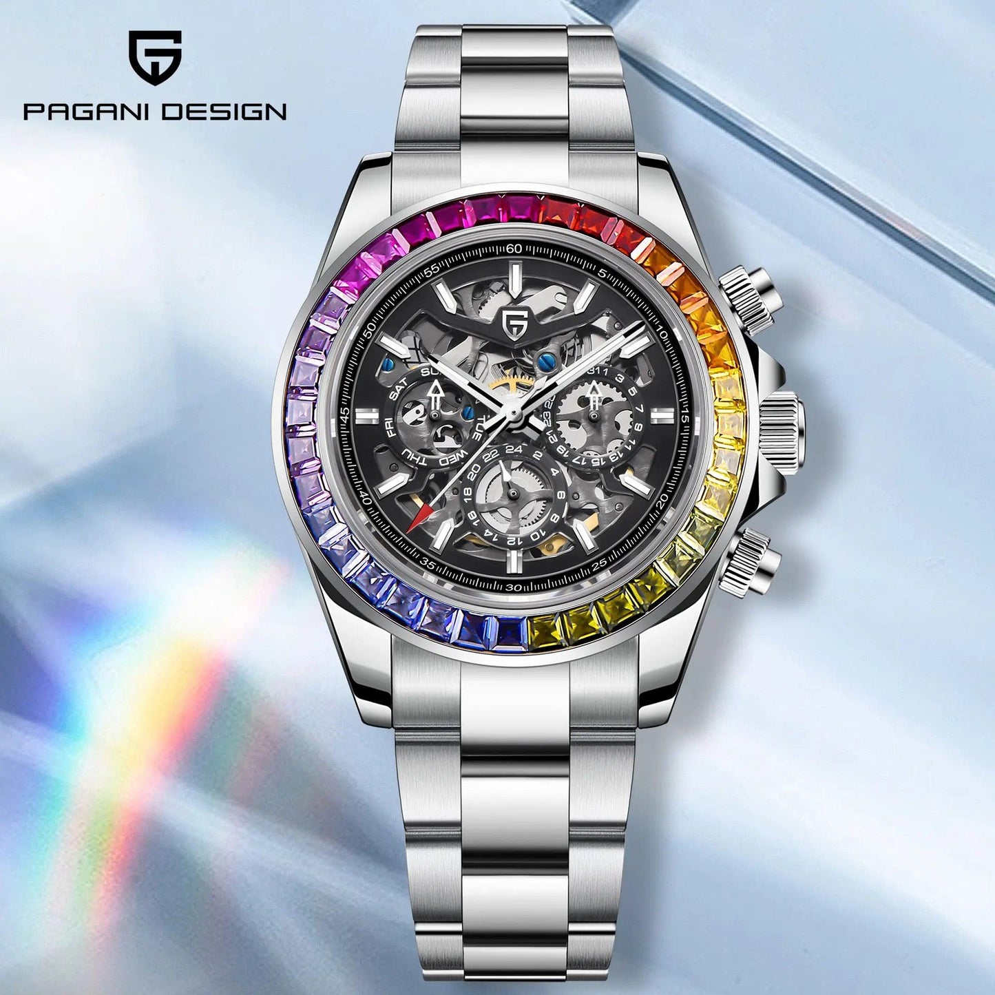 PAGANI DESIGN Neue Regenbogen Kreis Herren mechanische Uhren Luxus automatische Uhr für Männer Skelett Zifferblatt Multifunktions-Chronograph