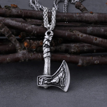 Viking Wolf and Crow Axe Pendant Retro Slavic Odin Amulet Men's Fashion Charm Stainless Steel Pendant Necklace Jewelry Gift